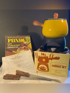 BUNDLE Vintage 1970s Fondue Set with BHG Cookbook - Complete Set Made in Japan